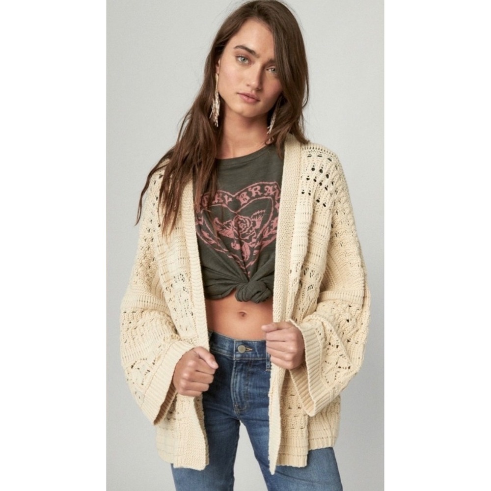 Lucky Brand Cream Crochet Open Knit Cardigan Sweater XL Cotton Boho Pointelle